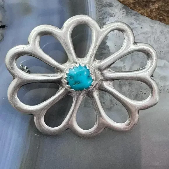R. Wilson Navajo Vintage Sterling Silver Turquoise Sandcast Brooch For Women - Picture 6 of 10